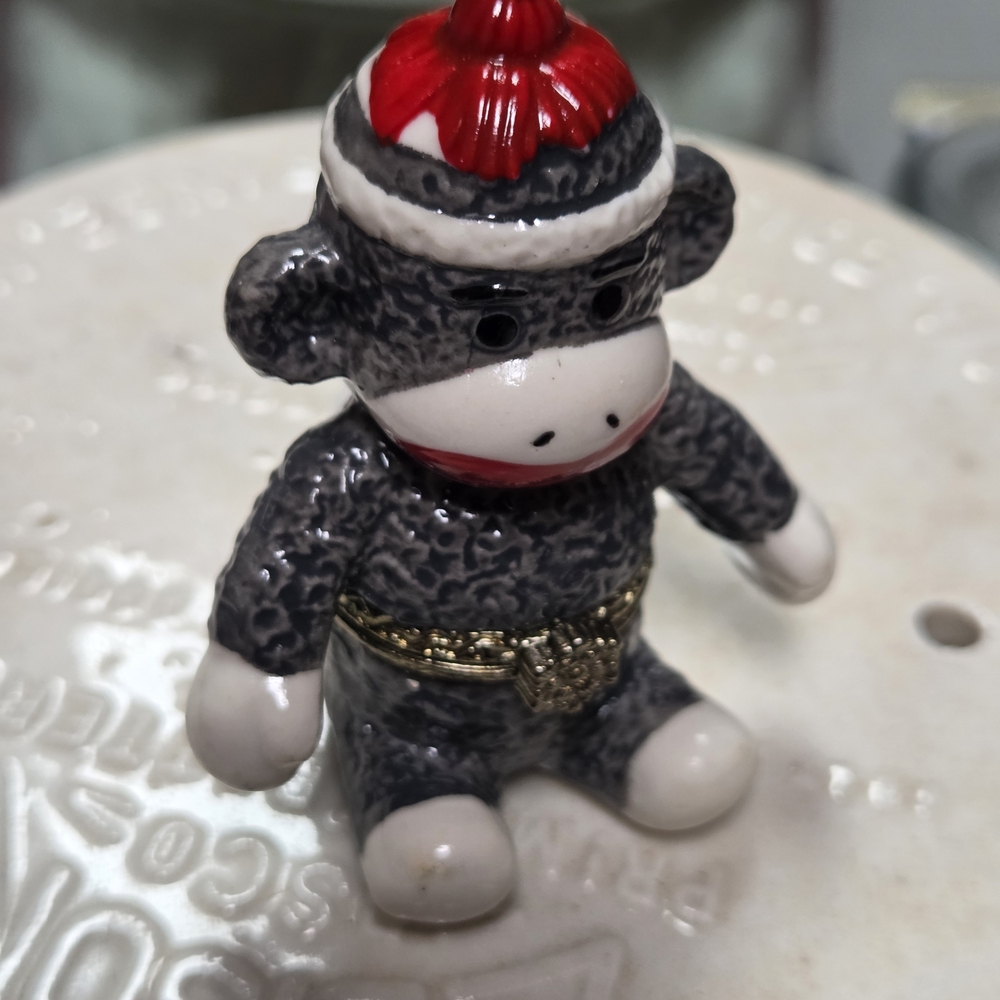 Sock Monkey w/ Stocking Cap Ceramic Trinket Box Or Ornament